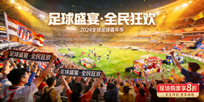 大型足球赛事全场营销活动，观众热情洋溢